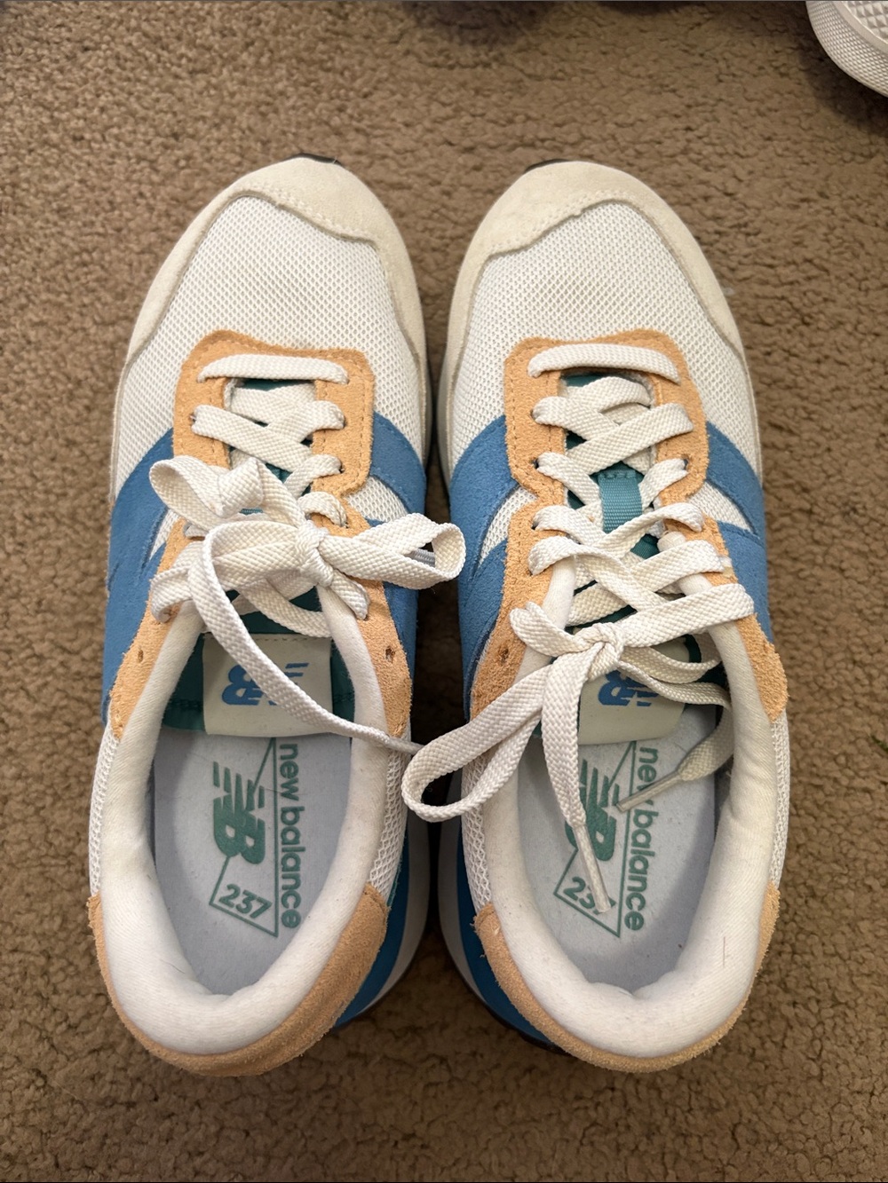 New Balance Sneakers in White, Blue & Tan